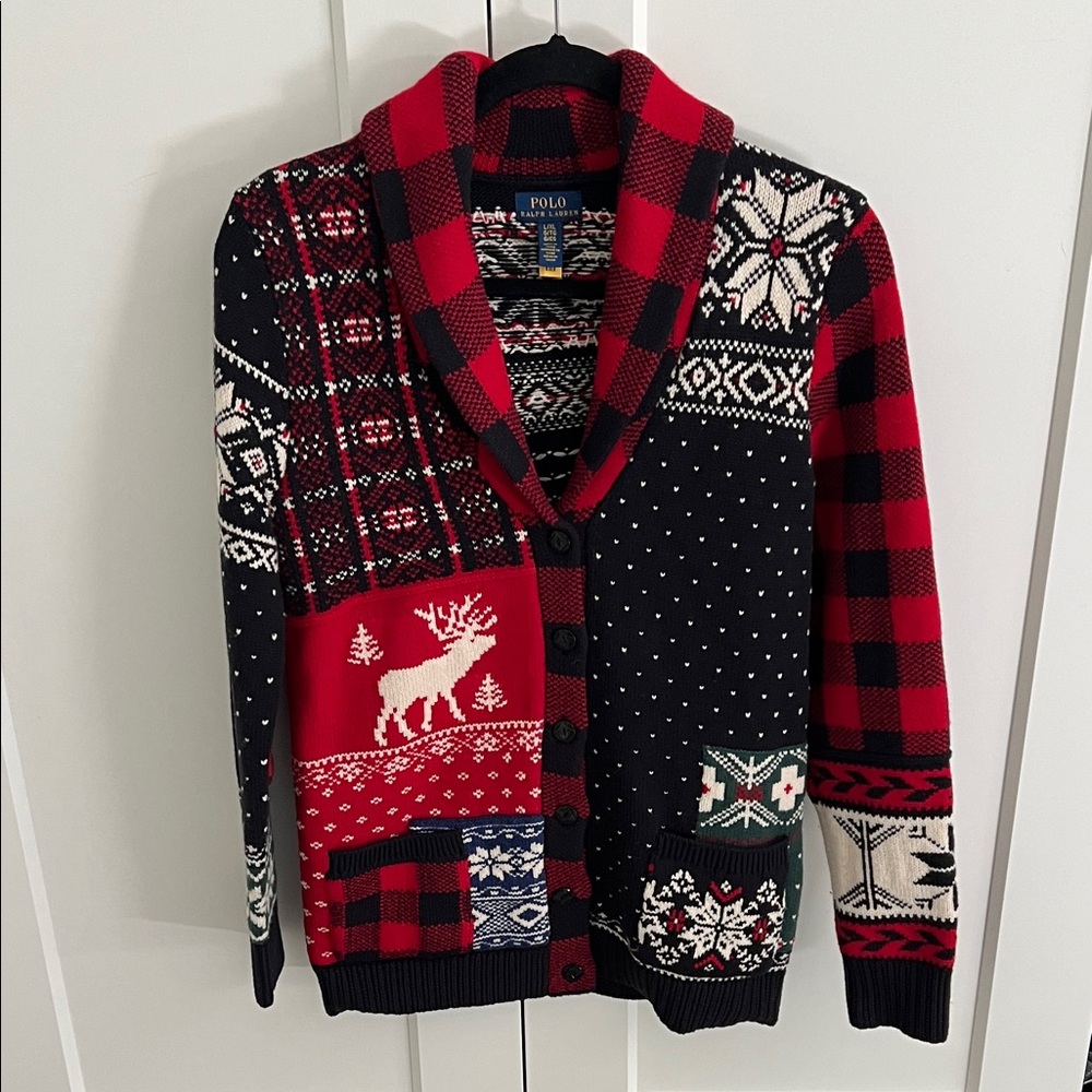 RARE Polo Ralph Lauren Winter Holiday Patchwork Wool-Blend Cardigan ❄️